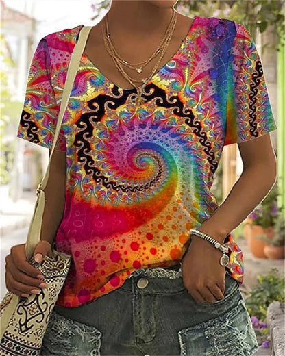 V-Neck Psychedelic Print Tee | Lightweight Jersey | Short Sleeve