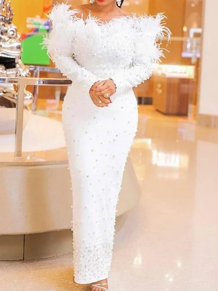 Feather-Trim Embellished Maxi Dress | Elegant Fit | Luxe Evening Wear