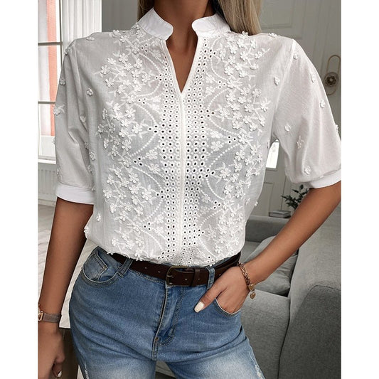 Embroidered Cotton Blouse | Stand Collar | Delicate Eyelet Detail