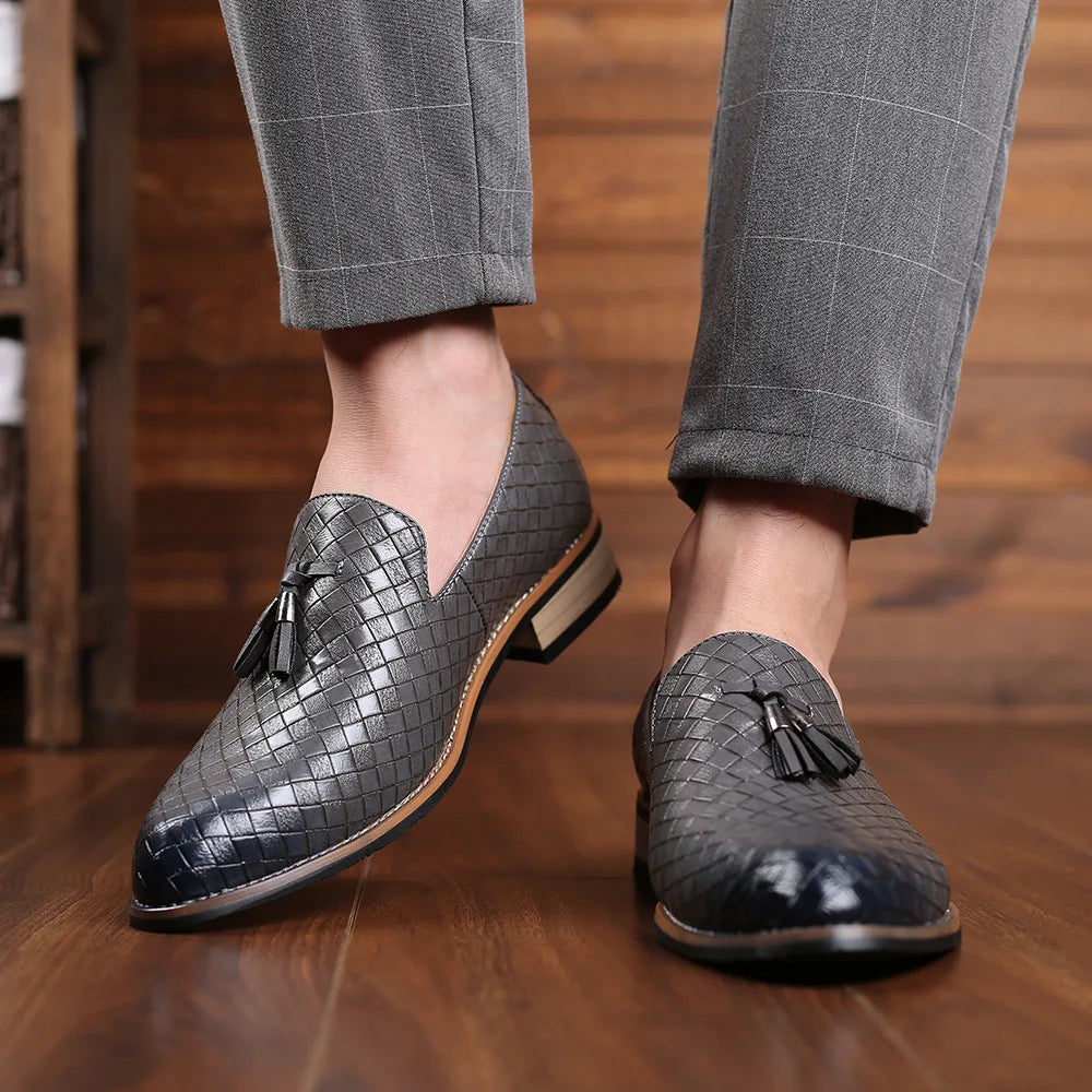 Men’s Woven Gloss Loafers | Slip-On Dress Shoes | Faux Leather Upper