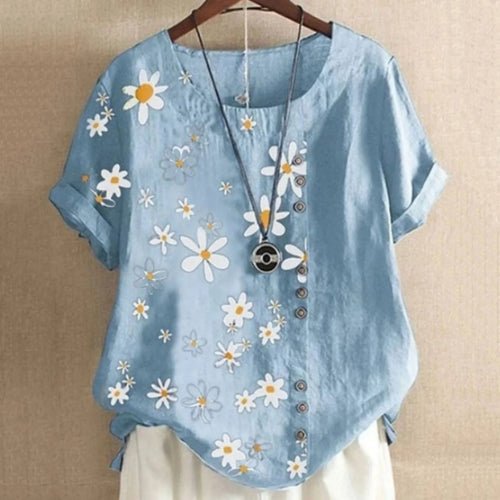 Floral Button Detail Linen Top | Short Sleeve Summer Blouse | Relaxed Fit