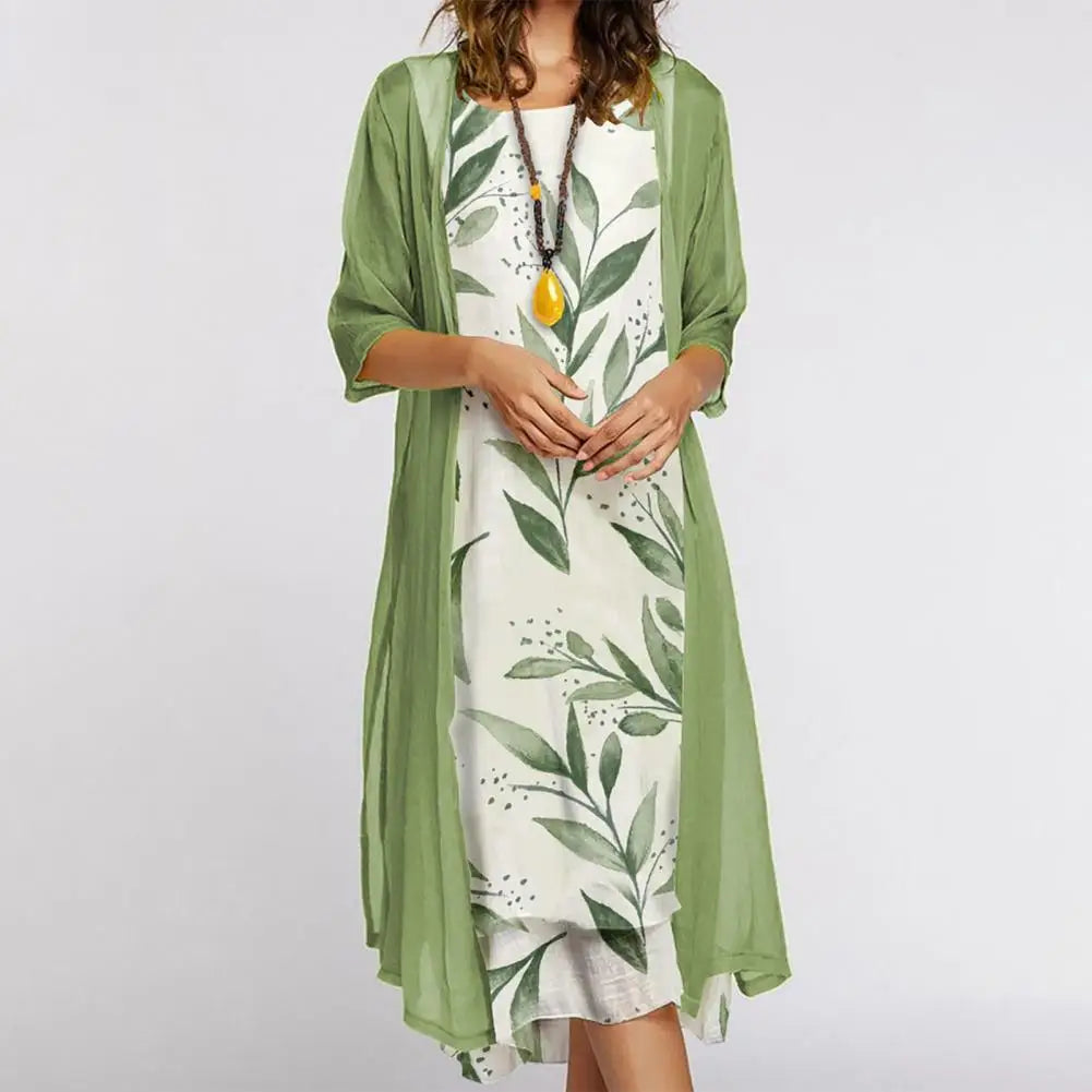 2-Piece Midi Dress Set | Sleeveless Leaf Print Dress with Sheer Drape Overlay