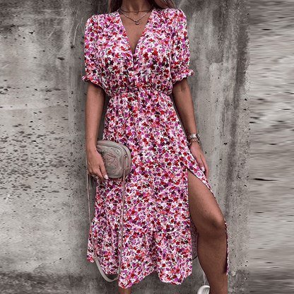 Tropical Print Midi Dress | Puff Sleeve Wrap Style | Lightweight Summer Look