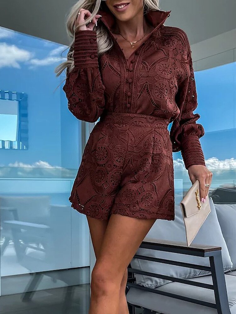 Two-Piece Crochet Romper Set | High Neck & Long Sleeve | Embroidered Lace Look