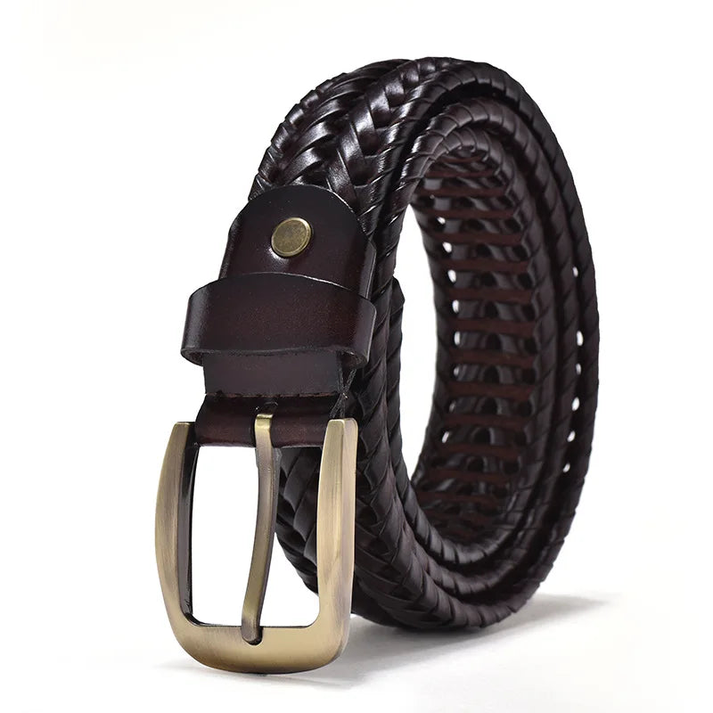 Men’s Braided Leather Belt | Woven Full-Grain Design | Adjustable Classic with Antique Buckle