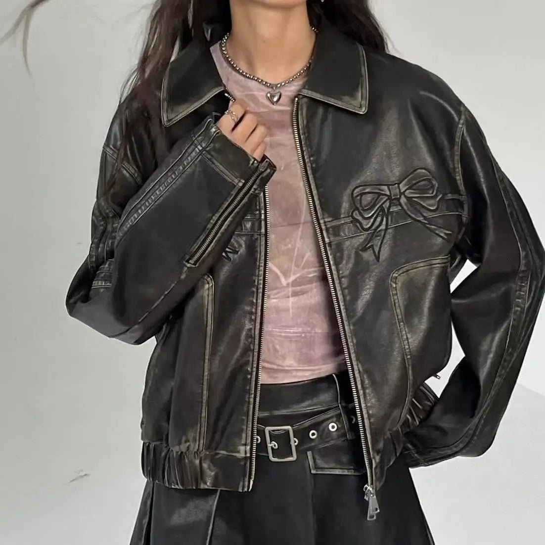 Faux Leather Bomber Jacket | Pink Bow Accents | Edgy Streetwear | Trendy Outerwear