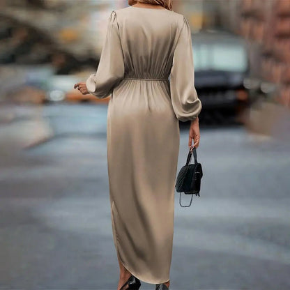 Satin Wrap Midi Dress | Balloon Sleeves | Elegant & Flowy | Evening Glam