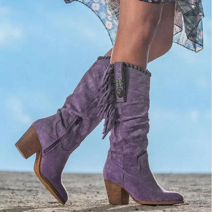 Boho Western Fringe Boots | Embellished Tall Shaft | Mid Block Heel Festival Style