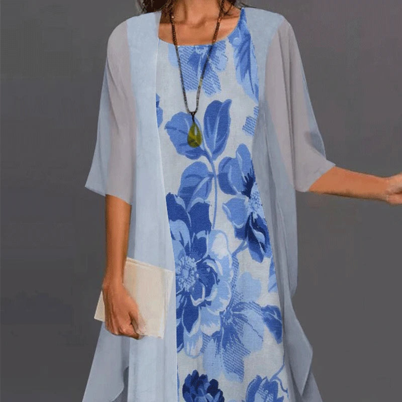 Women's Chiffon Overlay Midi Dress | Floral Print | Elegant Summer Occasion Dress