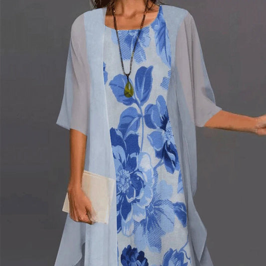 Women's Chiffon Overlay Midi Dress | Floral Print | Elegant Summer Occasion Dress