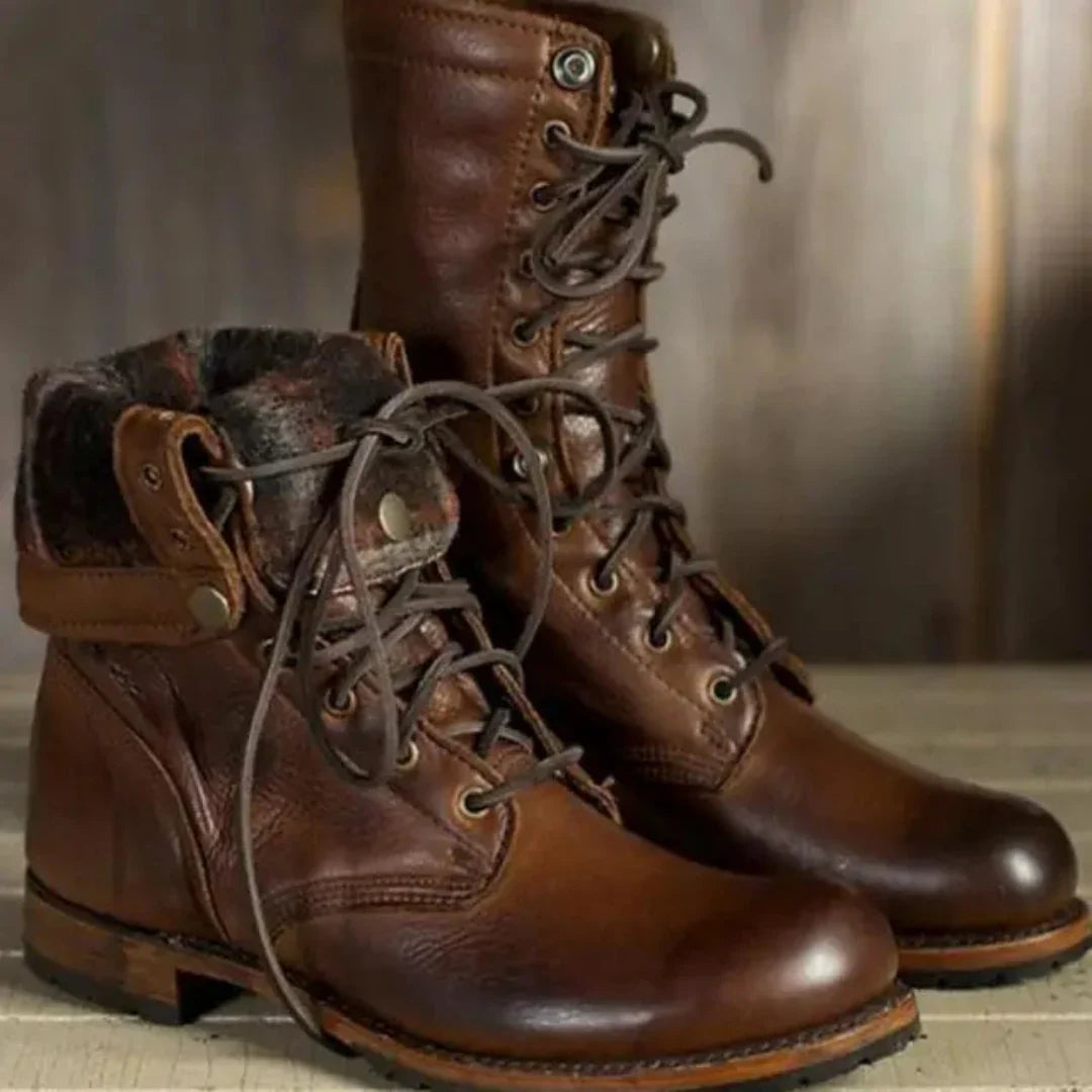 Lace-Up Combat Boots | Fold-Over Lined Collar | Rugged Cold Weather Footwear