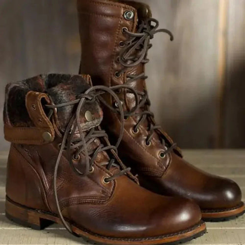 Lace-Up Combat Boots | Fold-Over Lined Collar | Rugged Cold Weather Footwear