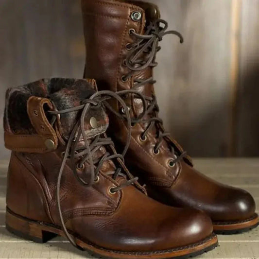 Lace-Up Combat Boots | Fold-Over Lined Collar | Rugged Cold Weather Footwear