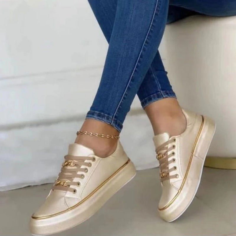 Luxe Chain Detail Sneakers | Low-Top | White with Gold Accents