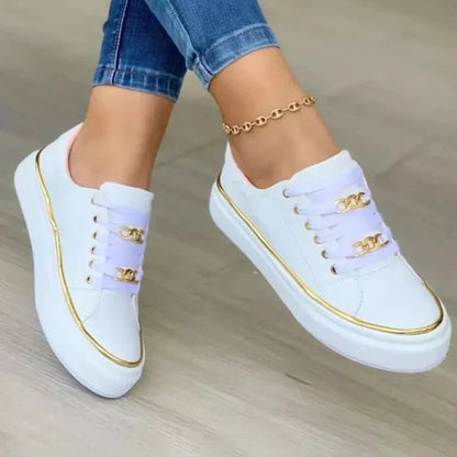 Luxe Chain Detail Sneakers | Low-Top | White with Gold Accents