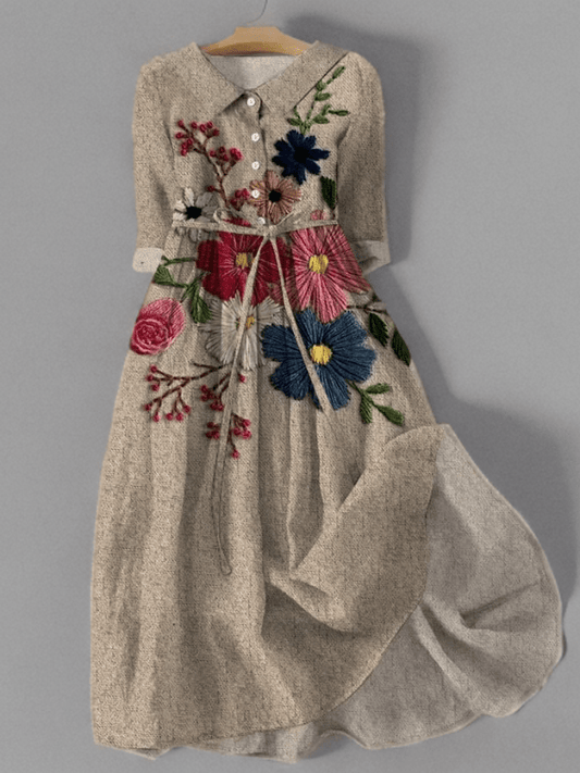 Linen Blend Midi Dress | Embroidered Floral Wrap | Long Sleeve Boho Style
