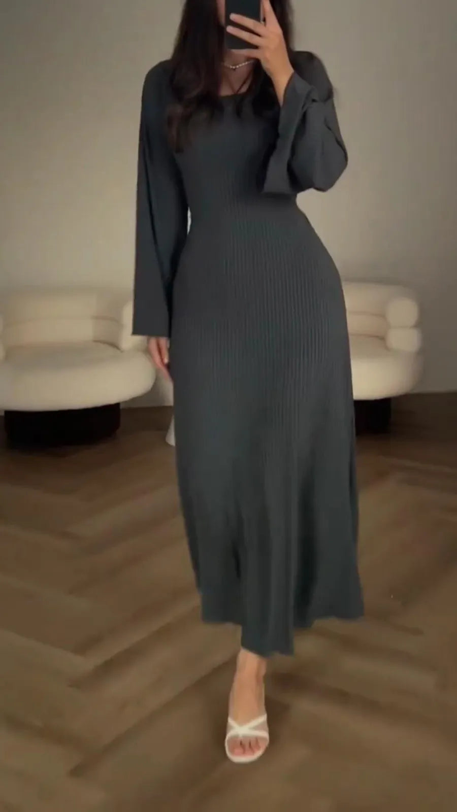 Ribbed Knit Maxi Dress | Long Sleeve Bodycon | Minimalist Black Style