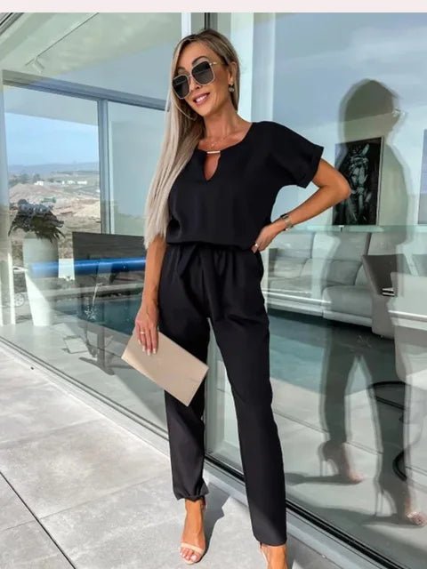 Short Sleeve Keyhole Jumpsuit | Elastic Waist | Modern Tailored Fit