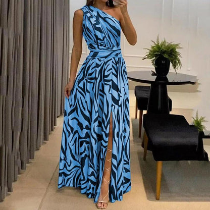 One-Shoulder Zebra Print Dress | Draped Waist Detail | Bold Monochrome Statement Look