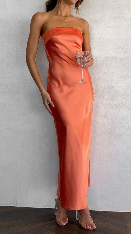 Strapless Satin Slip Dress | Minimalist Midi Silhouette | Elegant Occasion Wear