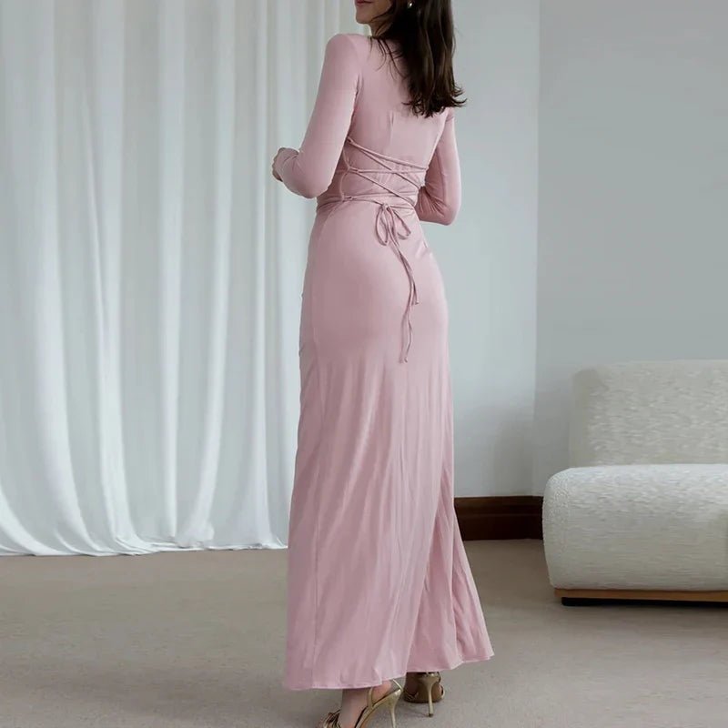 Elegant Draped Maxi Dress | Long Sleeve | High Slit