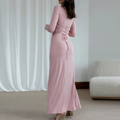 Elegant Draped Maxi Dress | Long Sleeve | High Slit