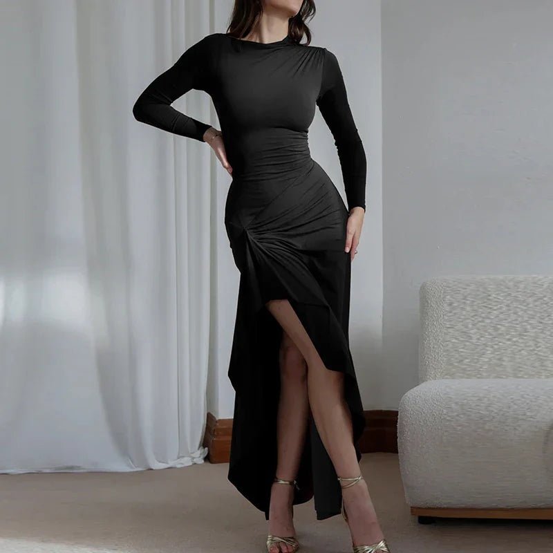 Elegant Draped Maxi Dress | Long Sleeve | High Slit