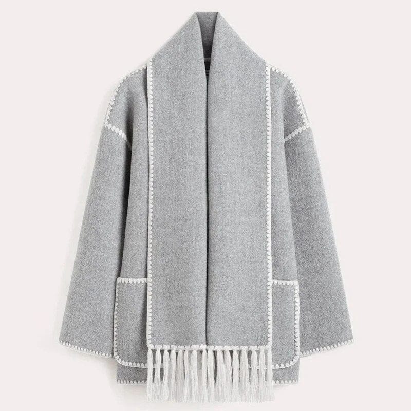 Draped Wool-Blend Coat with Scarf Detail | Oversized Fit | Fringe Hem | Modern Elegance