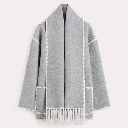 Draped Wool-Blend Coat with Scarf Detail | Oversized Fit | Fringe Hem | Modern Elegance