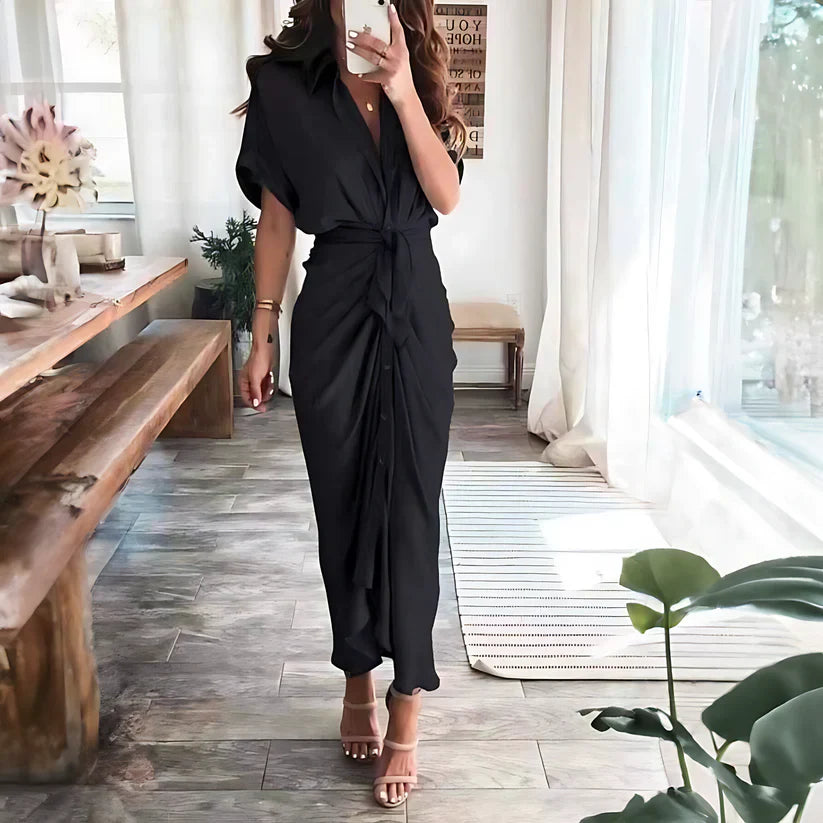 Ruched Shirt Midi Dress | Button-Front Collared Dress with Tie Waist | Elegant Summer Outfit Canada