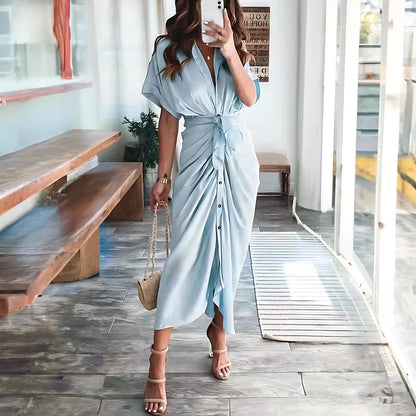 Ruched Shirt Midi Dress | Button-Front Collared Dress with Tie Waist | Elegant Summer Outfit Canada
