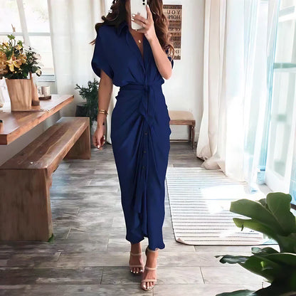 Ruched Shirt Midi Dress | Button-Front Collared Dress with Tie Waist | Elegant Summer Outfit Canada