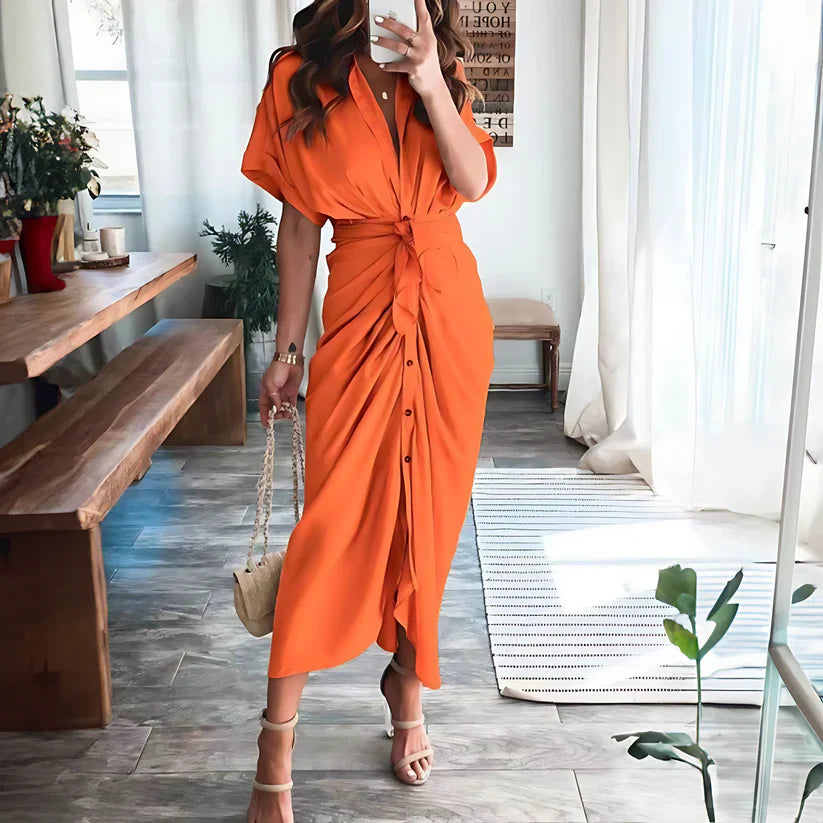 Ruched Shirt Midi Dress | Button-Front Collared Dress with Tie Waist | Elegant Summer Outfit Canada