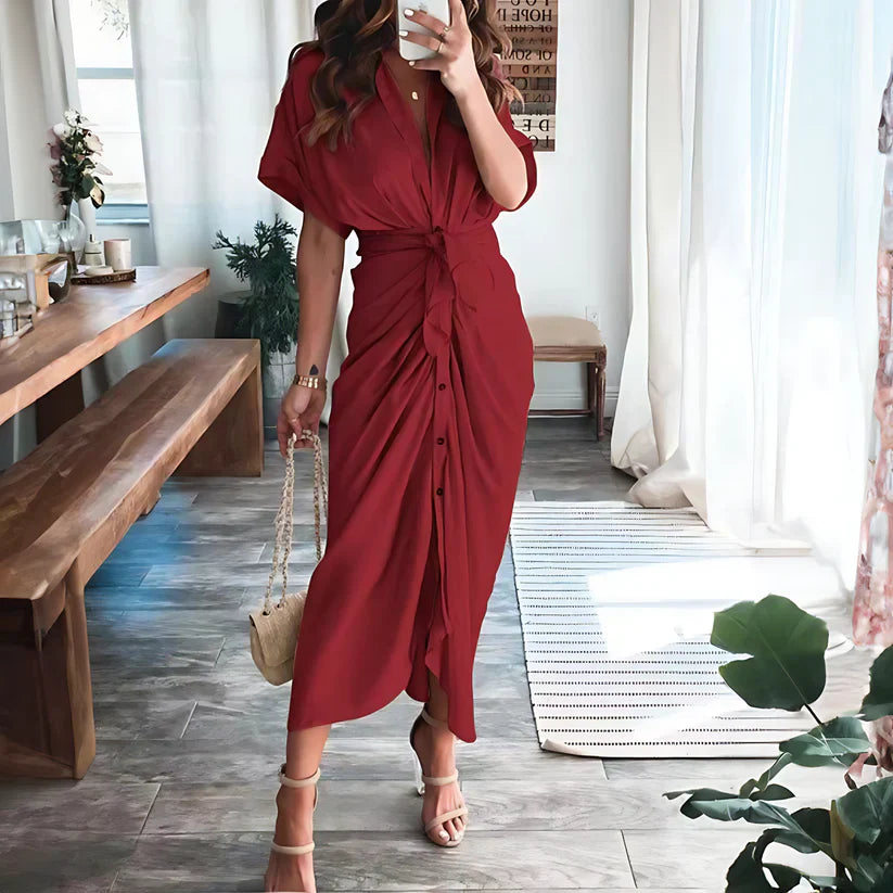 Ruched Shirt Midi Dress | Button-Front Collared Dress with Tie Waist | Elegant Summer Outfit Canada