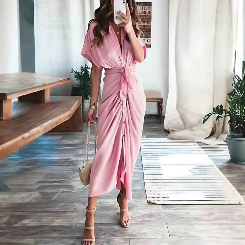 Ruched Shirt Midi Dress | Button-Front Collared Dress with Tie Waist | Elegant Summer Outfit Canada
