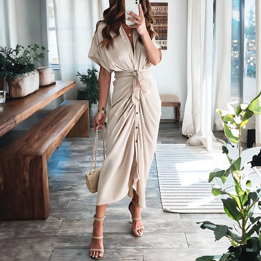 Ruched Shirt Midi Dress | Button-Front Collared Dress with Tie Waist | Elegant Summer Outfit Canada