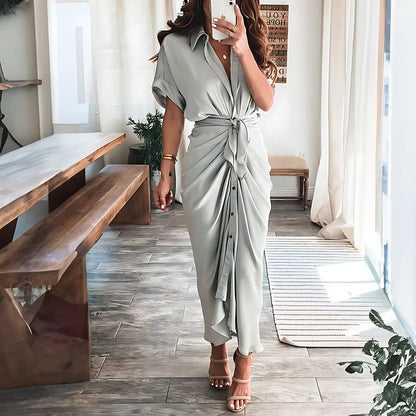 Ruched Shirt Midi Dress | Button-Front Collared Dress with Tie Waist | Elegant Summer Outfit Canada