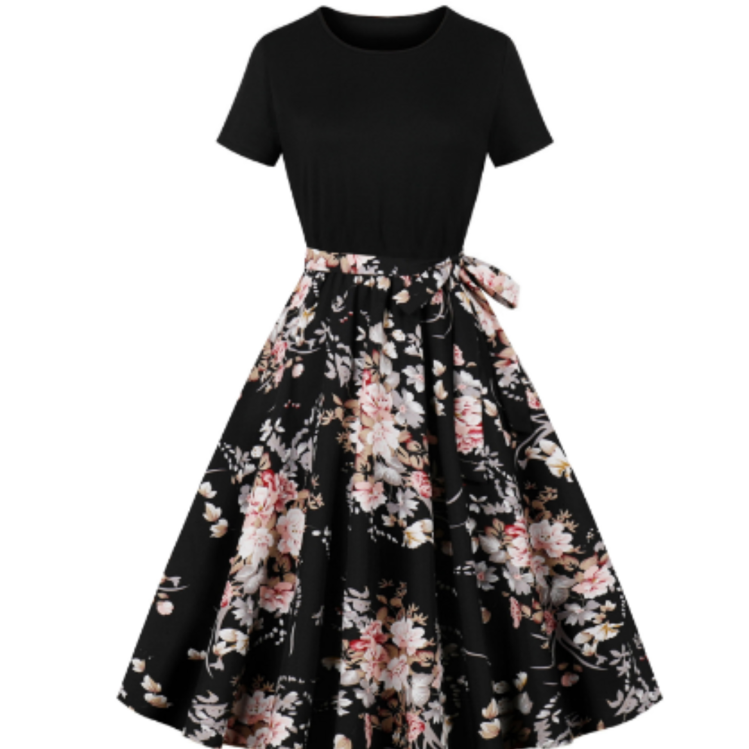 Fit-and-Flare Floral Midi Dress | Short Sleeve Cotton Blend | Tie Waist