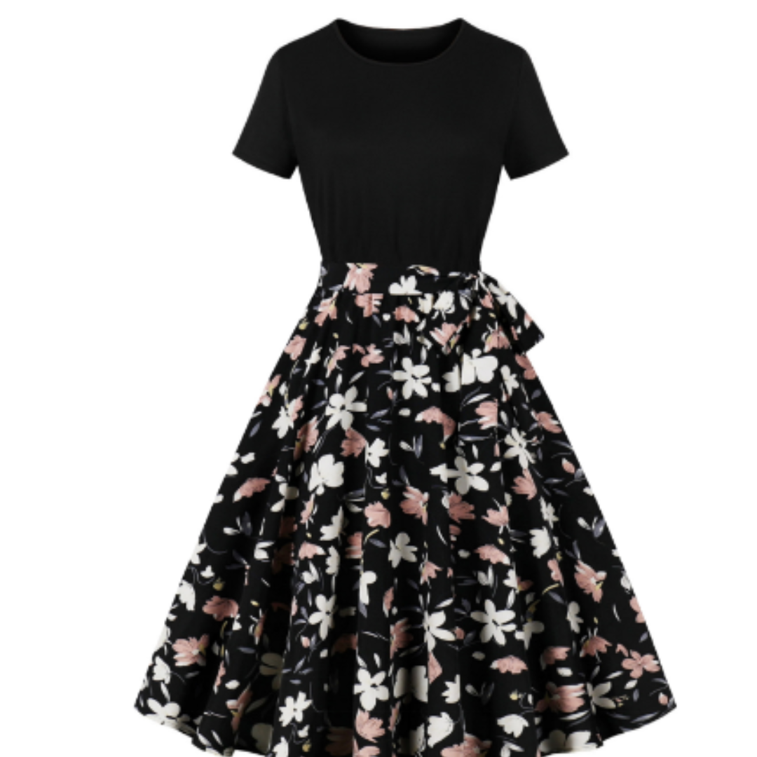 Fit-and-Flare Floral Midi Dress | Short Sleeve Cotton Blend | Tie Waist