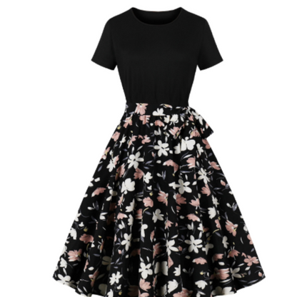 Fit-and-Flare Floral Midi Dress | Short Sleeve Cotton Blend | Tie Waist