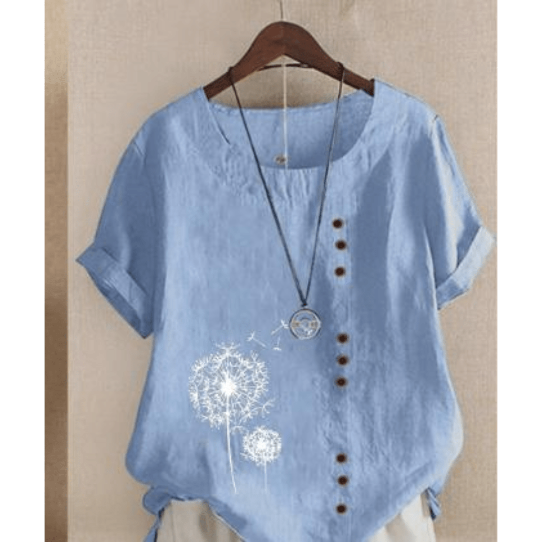 Embroidered Dandelion Button Tee | Linen Blend | Relaxed Fit