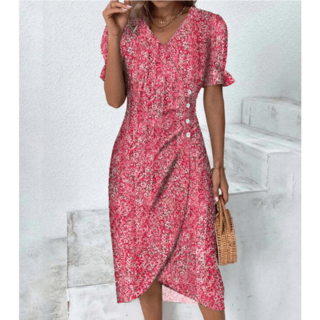 Floral Button Midi Dress | V-Neckline | Puff Sleeve Silhouette