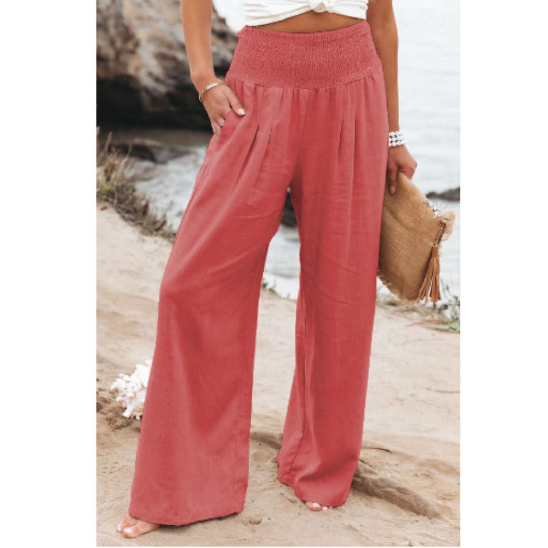 Women's Linen Blend Wide-Leg Pants | High Waist Smocked Waistband | Casual Summer Trousers