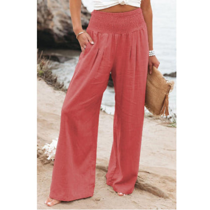 Women's Linen Blend Wide-Leg Pants | High Waist Smocked Waistband | Casual Summer Trousers
