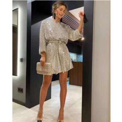 Women’s Metallic Sequin Mini Dress | Long Sleeve Party Dress | Sparkle Fit-and-Flare Night Out Look