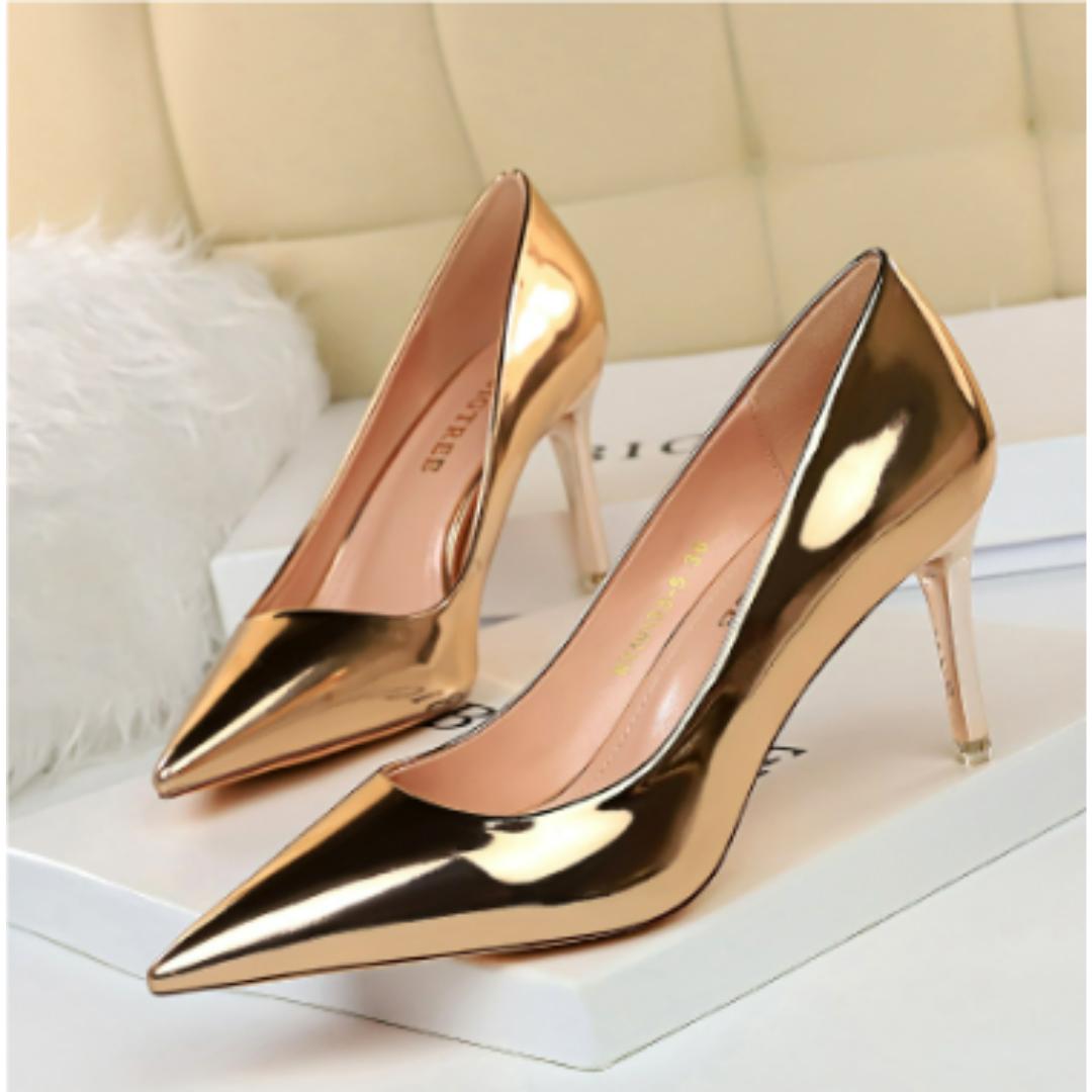 Pointed Toe Stiletto Heels | High-Shine Metallic Finish | Elegant Party Pumps