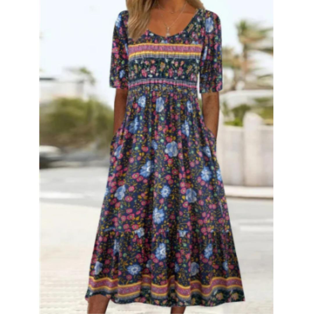Women's Boho Floral Midi Dress | Short Sleeve Smocked Waist | Casual Summer Travel Dress