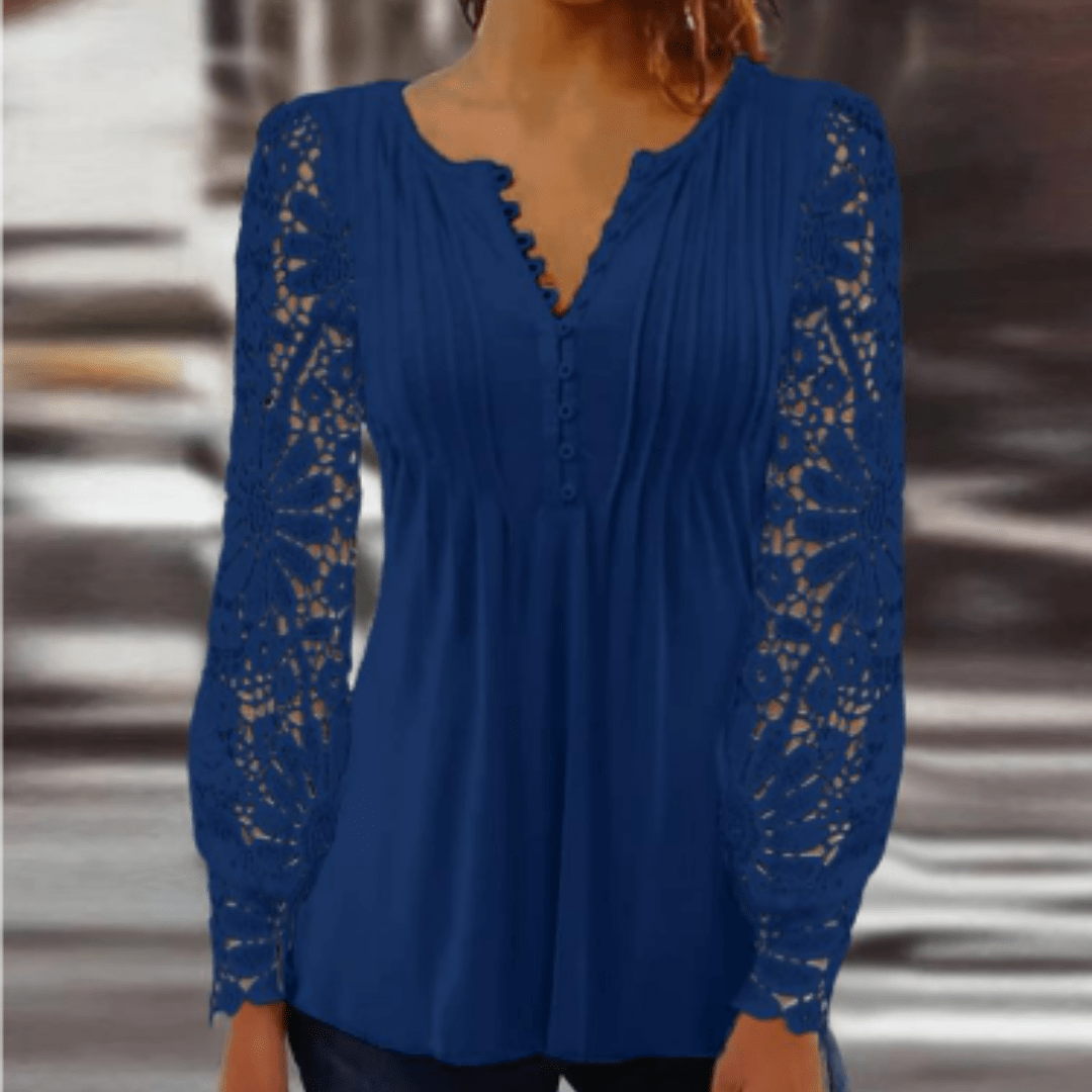 Lace Sleeve Pintuck Blouse | V-Neckline | Button-Front Feminine Fit
