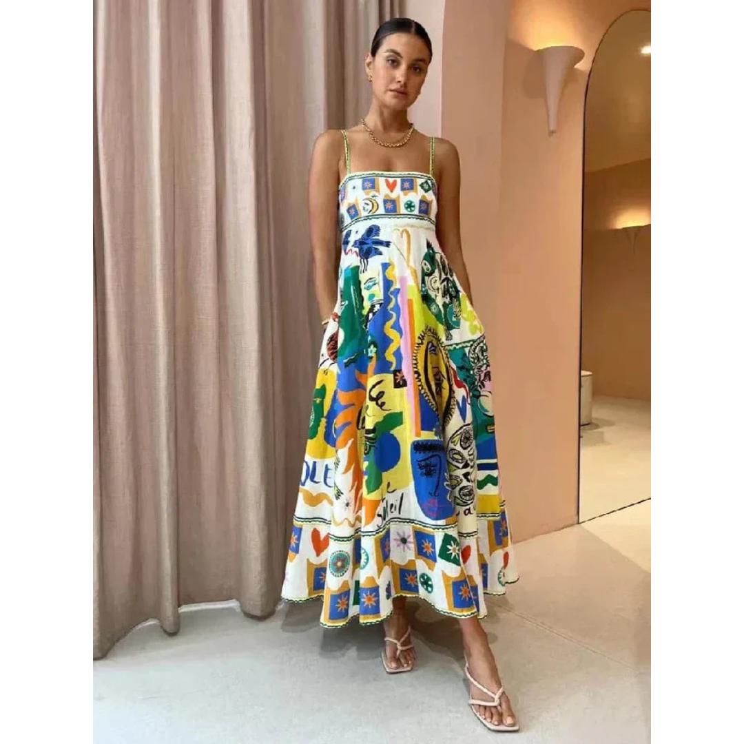 Abstract Print Maxi Dress | Smocked Back & Spaghetti Straps | Lightweight Summer Style