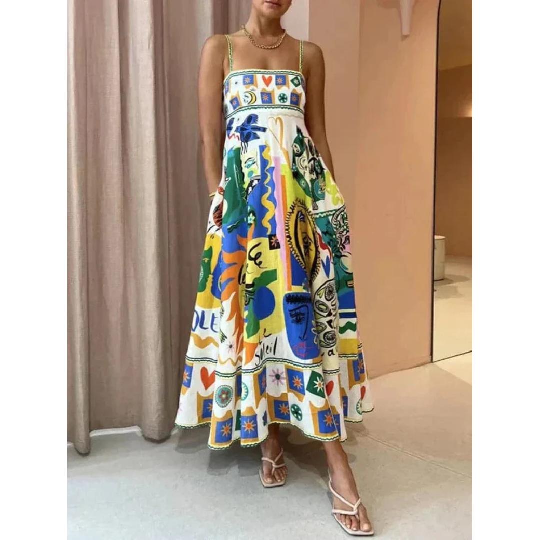 Abstract Print Maxi Dress | Smocked Back & Spaghetti Straps | Lightweight Summer Style